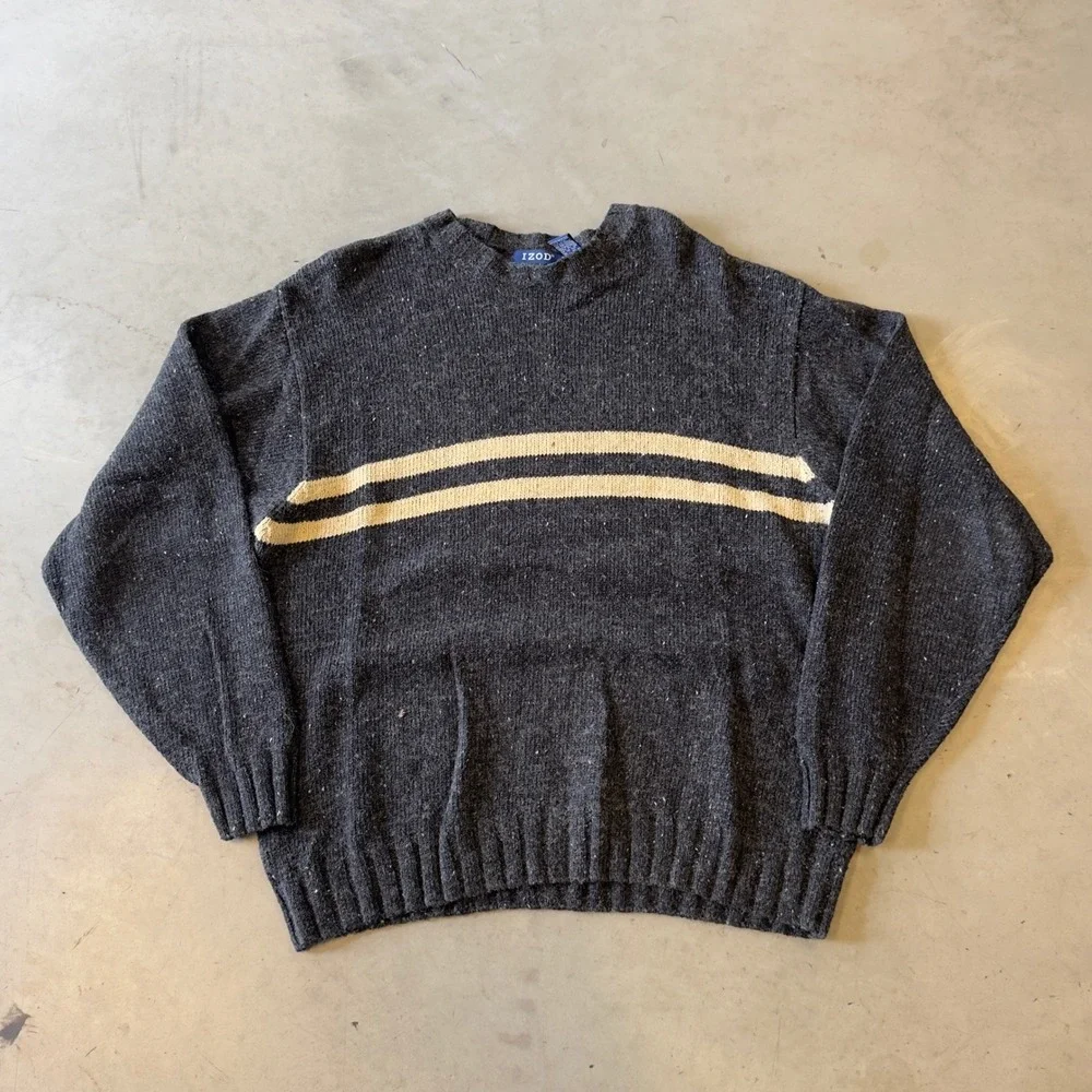IZOD Mens Crewneck Sweater Large Gray Wool Blend Striped Long Sleeve Pullover